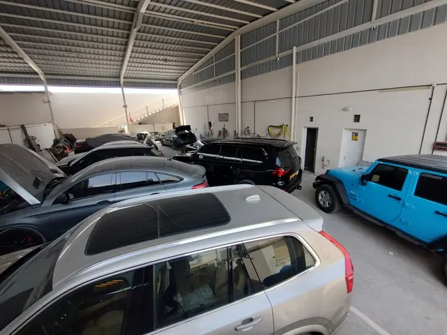 Jeep Wrangler, Range Rover and Volvo XC90 lined up in the workshop